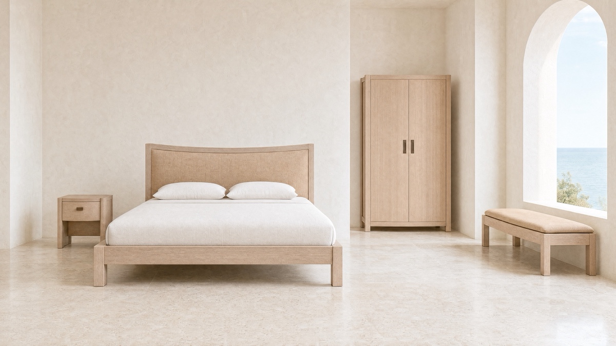 Arc — curved limed oak against bone linen.