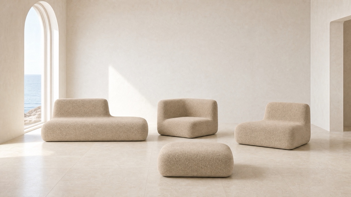 Berm — one low, continuous run of ivory bouclé.