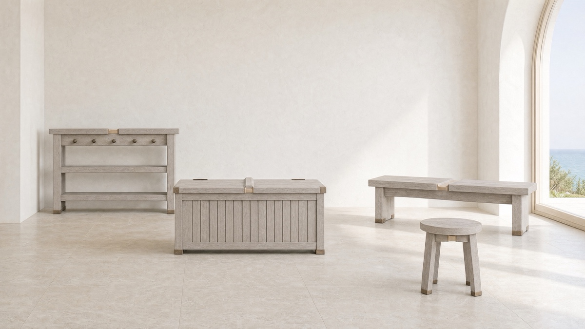 Carry — silvered teak with warm bone saddle leather.