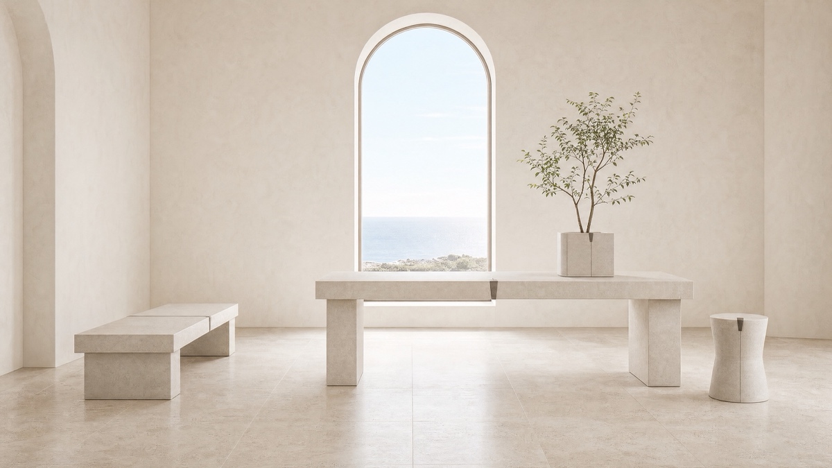 Court — honed limestone keyed with a bronze wedge.