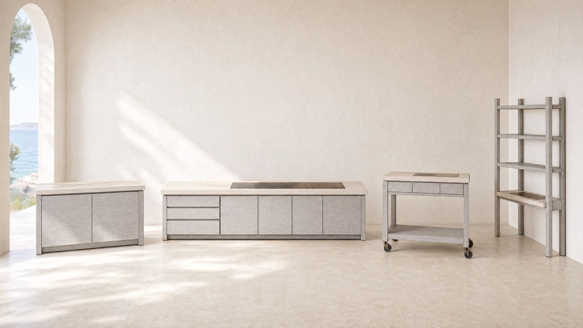 Forge — honed travertine with raw unlacquered bronze.