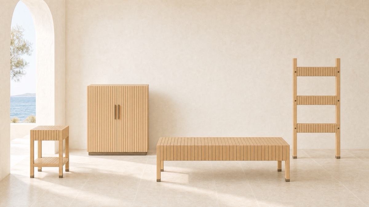 Lath — pale cedar laths set with hairline gaps.