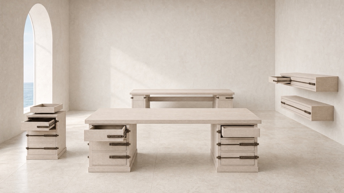 Ledger — limed oak on external aged-bronze rails.