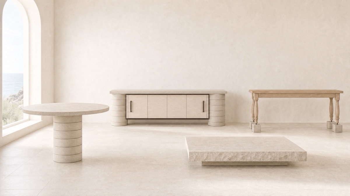 Riven — a raw split edge against honed limestone.