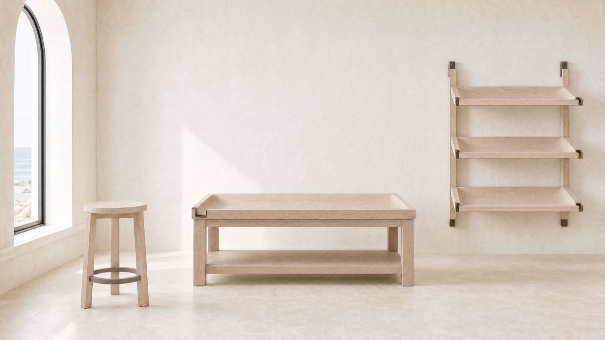 Sluice — sealed limed oak with a bronze-lined spout.