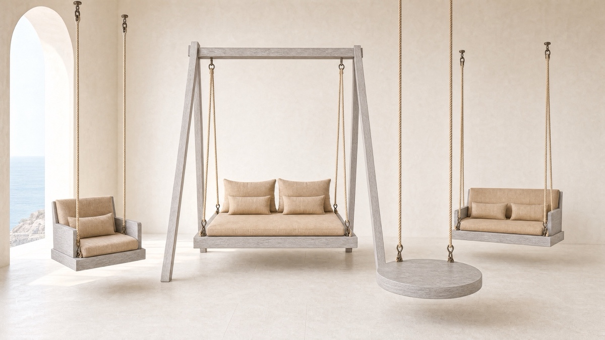 Swing — silvered teak slung on marine rope.