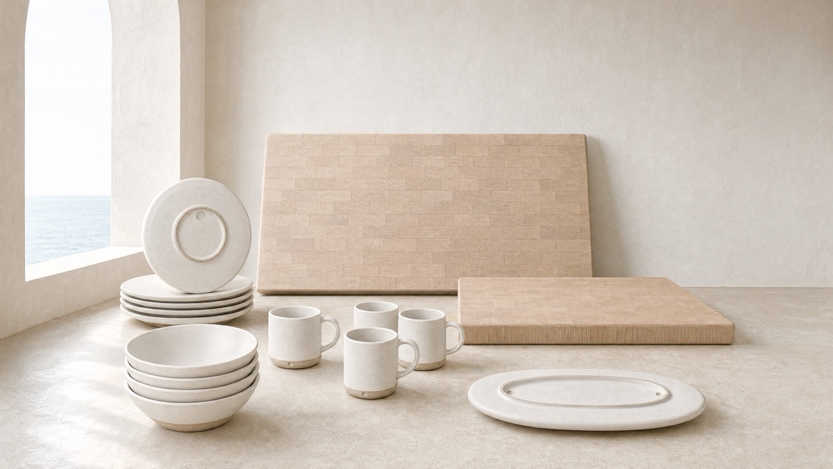 Thumb — pressed stoneware beside end-grain oak.